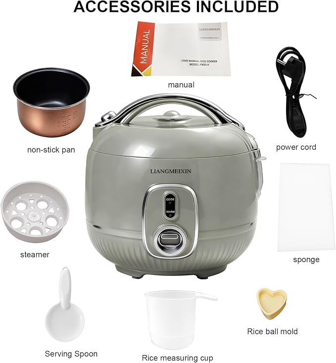 Mini Rice Cooker, 1.6L Protable Non-Stick Small Travel Cooker, PFAS-free, 5-Cup (Uncooked)/8-Cup (Cooked) Small Rice Cooker, with Steamer,Rice Ball Maker, Measuring Cups, Sponge , and Keep Warm up to 12 hours