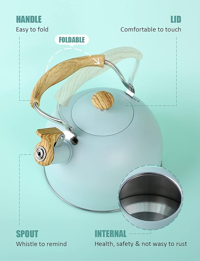 Tea Kettle, BELANKO 85 OZ / 2.5 Liter Whistling Tea Kettle, Tea Pots for Stove Top Food Grade Stainless Steel with Wood Pattern Folding Handle, Loud Whistle Kettle for Tea, Coffee, Milk - Turquoise
