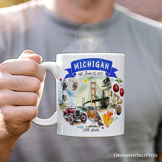 OrnamentallyYou State Travel Landmark Mugs – 12 oz Ceramic Coffee Cups, U.S. Souvenir Gift for Tourists (Artistic Michigan State Themes and Landmarks Mug)