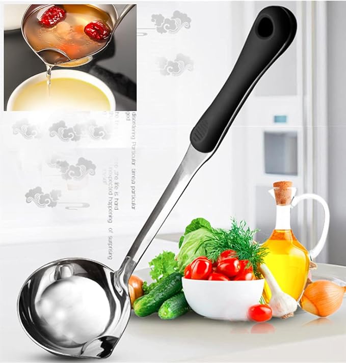 Advanced Stainless Steel Soup ladle, Long Plastic Handle Soup Residue Separator, Kitchen Colander Filtering Grease Large Spoon