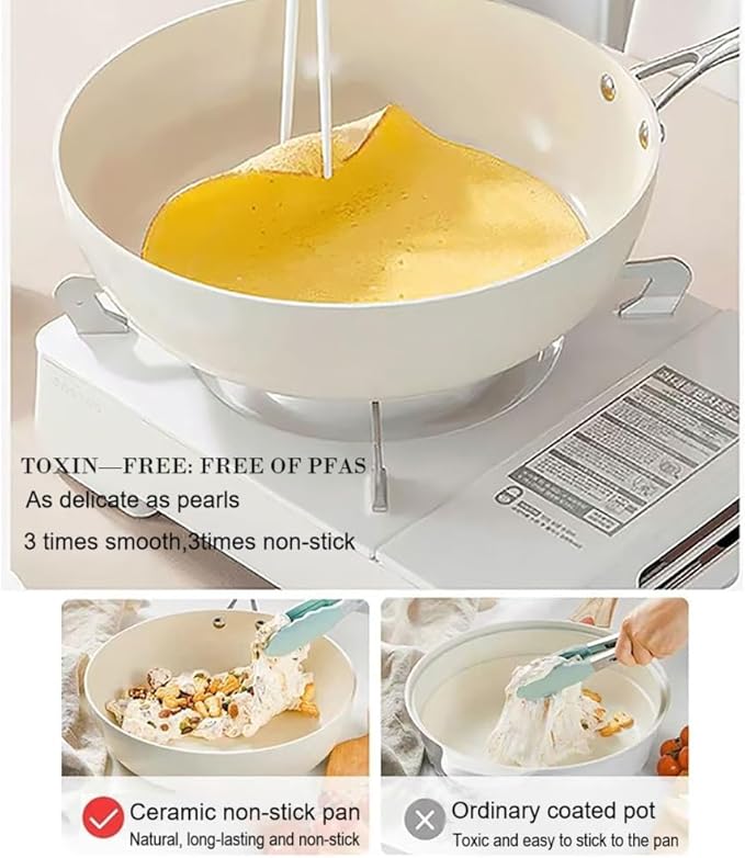 Nonstick Frying Pan Skillet with Lid,12'' Large Deep Frying Pan,6Qt Nonstick Ceramic Saute Pan, Non Toxic, PTFE & PFOA Free - Oven Safe & Compatible with All Stovetops (Gas & Induction) (Off white)