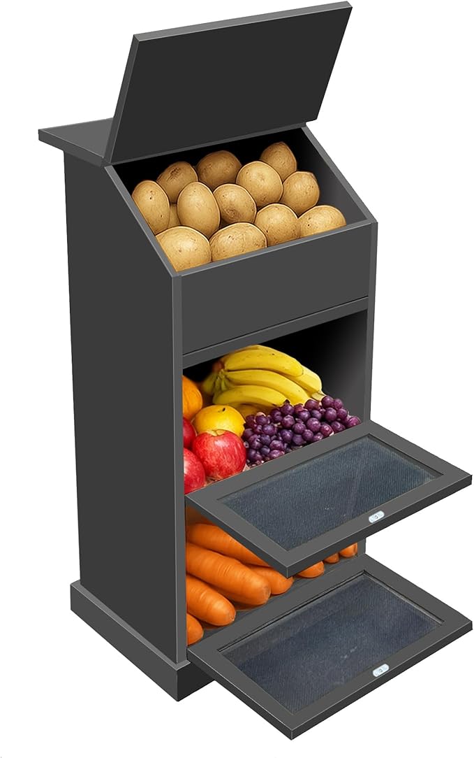 Potato Storage Bin, 3-Tier Potato and Onion Storage Bin with Lid, Wooden Bread Box for Fruit and Vegetable,Food Storage Containers for Kitchen Pantry (Black)