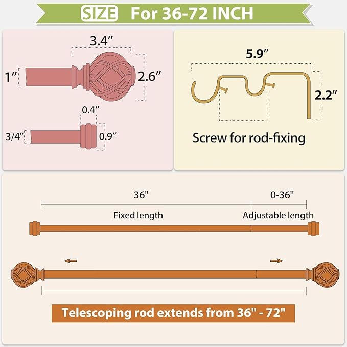KAMANINA Gold Double Curtain Rod 36 to 72 Inches (3-6 Feet) Window Telescoping Drapery Rods, 1 Inch Heavy Duty Curtain Rods for Windows, Twisted Cage Ends