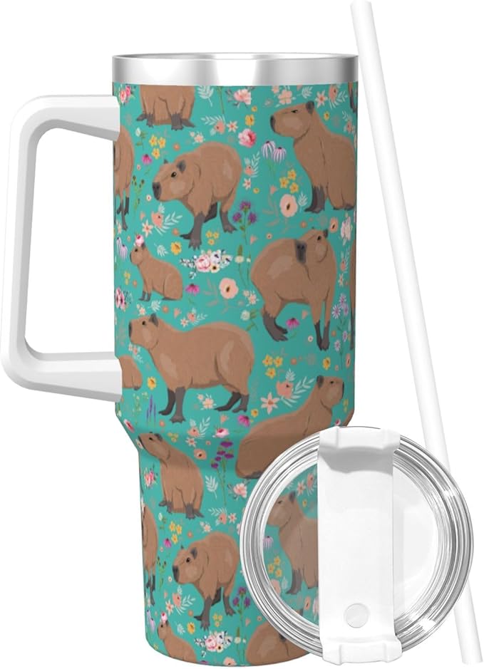 Capybara Gifts Capybara Tumbler Cute Cup Water Bottle for Girls, Teens, Women, Men Stainless Steel Vacuum Insulated 40oz Tumbler with Lid and Straw for Water, Iced Tea or Coffee, Blue