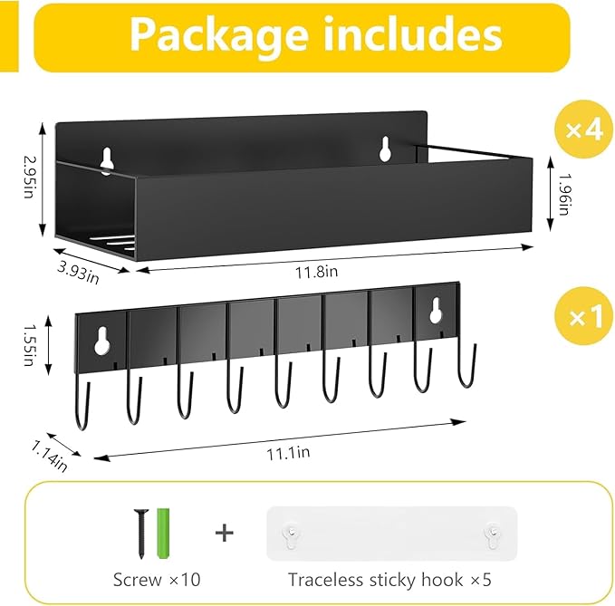 Magnetic Spice Rack Organizer for Fridge Seasoning Organizer for Kitchen storage with Screw Magnetic Shelf with Hook for Refrigerator and Oven (4pack1hook-Black)