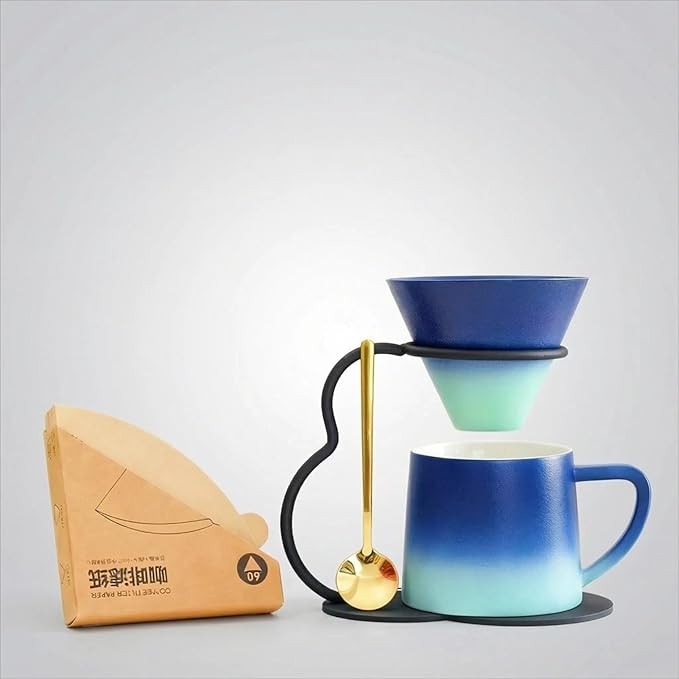 Pour Over Coffee Maker set,Ceramic Coffee Maker With V60 40 pcs Paper Filter，Metal Stand 9oz 270ml mug Pour Over Coffee Dripper blue