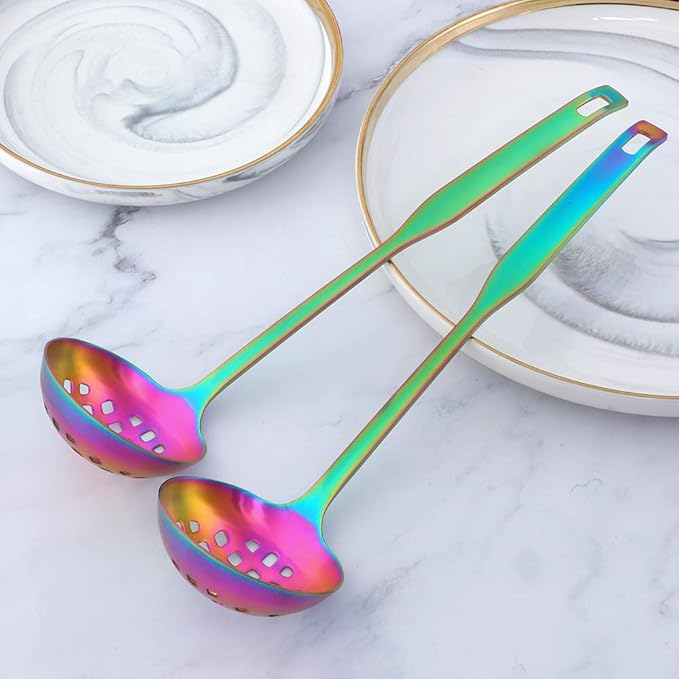 Buyer Star 2 Pcs Soup Ladle Colander, Rainbow Cookware Serving Long Handle Steel Slotted Spoon Cooking Utensil Set for Hotpot