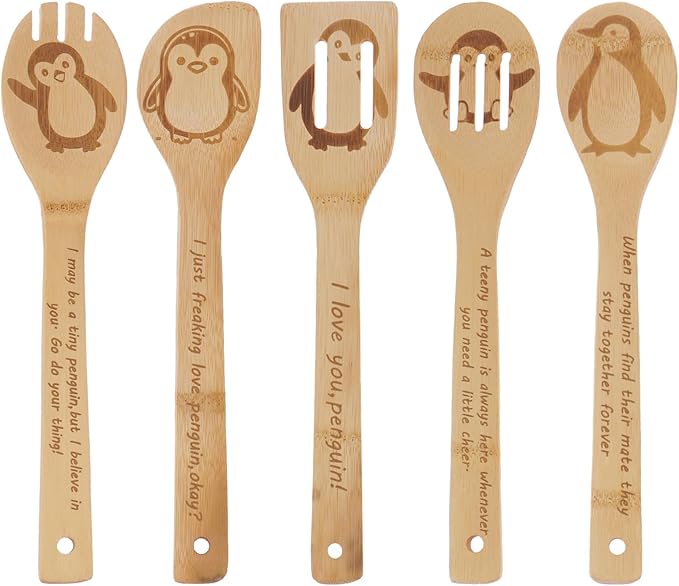 5PCS Penguin Wooden Cooking Spoons Set Penguin Gifts for Women Kitchen Decor Bamboo Cooking Utensil Spoons for Housewarming Wedding Anniversary Thanksgiving Christmas Gifts Mom Women
