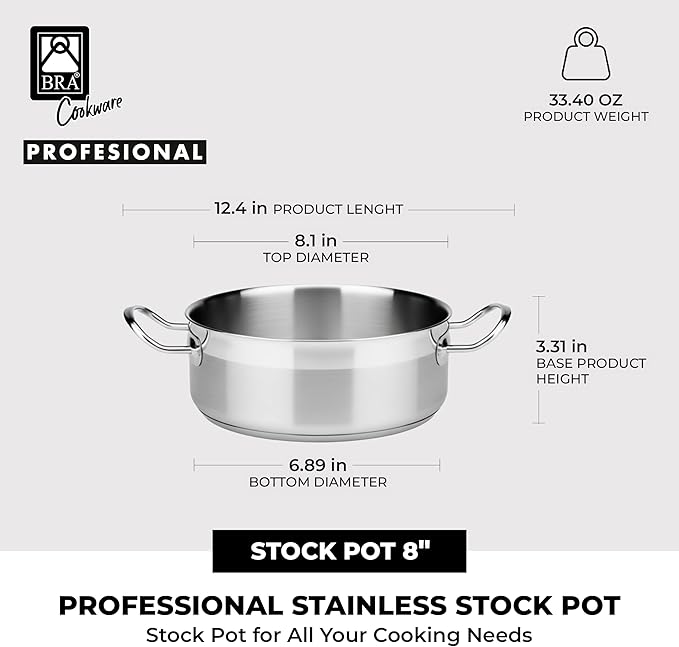 BRA COOKWARE Profesional 18/10 Stainless Steel Stock Pot w/Glass Lid | 8 Inch 2.4 Quart Professional Cooking Pot | 5.5mm Thick Base | PFOA Free Deep Pot | All Cooktops | All Cooktops & Oven Safe