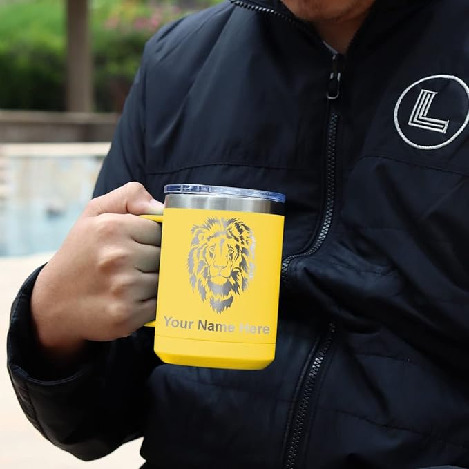 LaserGram 15oz Vacuum Insulated Coffee Mug, Tiki Statue, Personalized Engraving Included (Yellow)