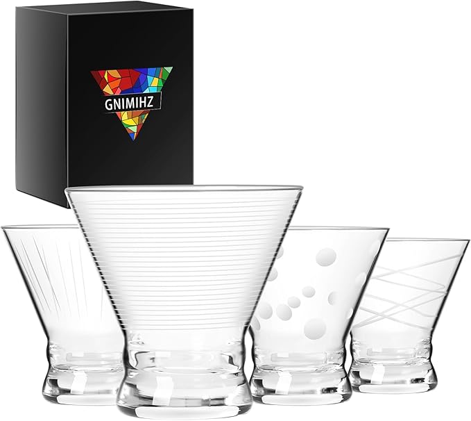 Etched Martini Glasses Set of 4 - Crystal Cocktail Glasses, Stemless Martini Glass for Bar, Martini, Cosmopolitan, Manhattan, Gimlet, Pisco Sour Brandy, Margarita Glasses, Dessert Cups, 8oz
