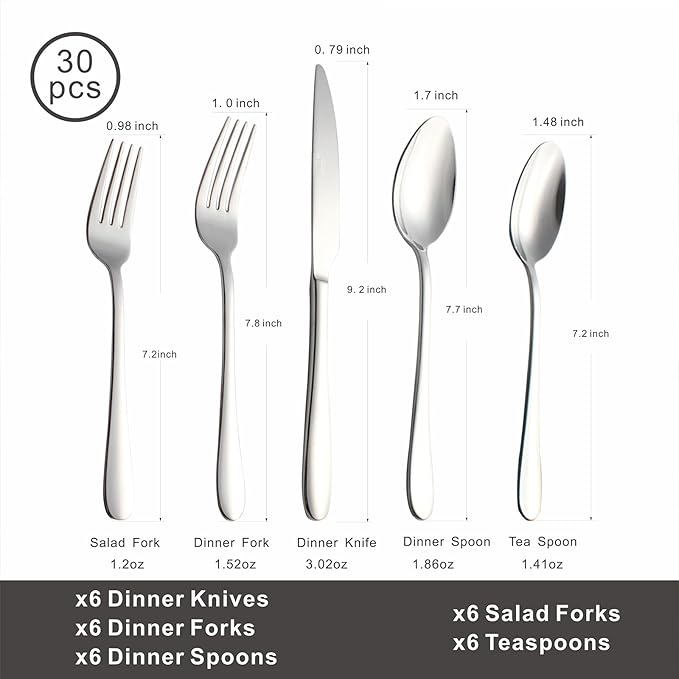 Silverware Set, 30-Piece Flatware Cutlery Set Service for 6, Modern Heavy Duty Design, Stainless Steel Utensils, Dishwasher Safe