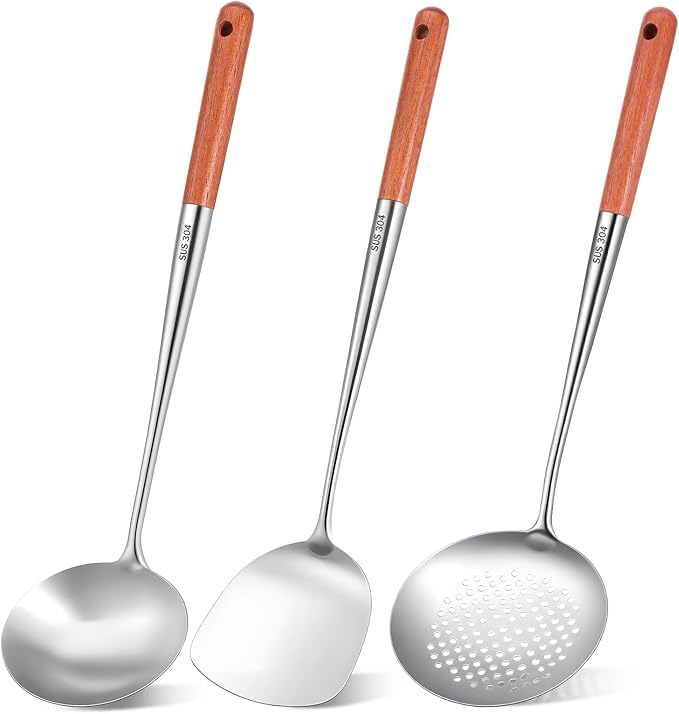 Wok Spatula and Ladle Stainless Steel, 3 PCS 17 Inches 304 Stainless Steel Spatula, Wok Ladle and Skimmer, Dishwasher Safe Cooking Utensils Kitchen Tool Set