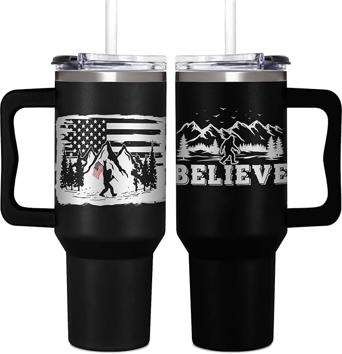 Bigfoot Gifts for Dad, Kids, Men and Women - 40oz Tumbler with Handle - Cool Big foot Gifts for Cryptid Lovers - Sasquatch Gift, Outdoor Adventure Mug for Camping Enthusiast, Hikers & Nature Lovers