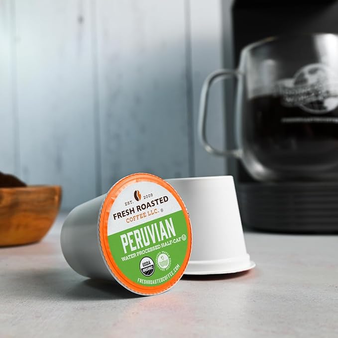 Fresh Roasted Coffee, USDA Organic Peru Water-Processed Half-Caf | 3rd Party Tested for Pesticides, Mold, Mycotoxins, Kosher | 100% Arabica, Specialty Grade, Med Roast 72 Pods for K Cup Brewers