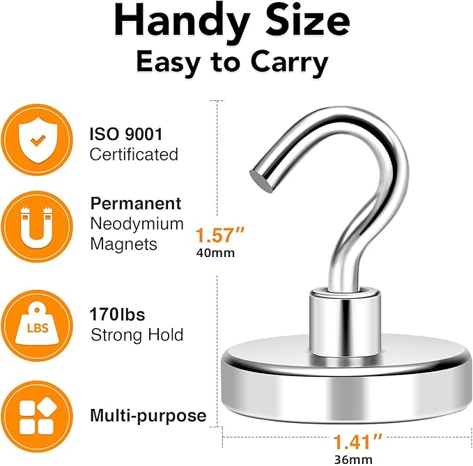 MIKEDE Magnetic Hooks Heavy Duty, 170LB+ Strong Neodymium Magnets for Refrigerator, Large Magnetic Hooks for Hanging, Magnets with Hooks Cruise Ship Essentials for Kitchen, Workplace - 8 Pack