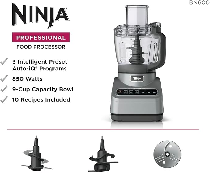 Ninja Professional Food Processor, 850 Watt motor, 9-Cup Capacity, 3 Auto iQ Preset Programs, Powerful dough mixer, Gray (BN600)