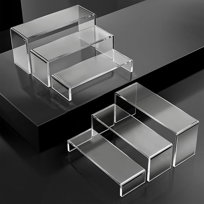6 Pcs Clear Acrylic Display Riser, Rectangle Acrylic Risers for Display Suitable for Food Dessert, Perfume, Cosmetics, Jewelry, Collectibles, Puppets, Anime Characters