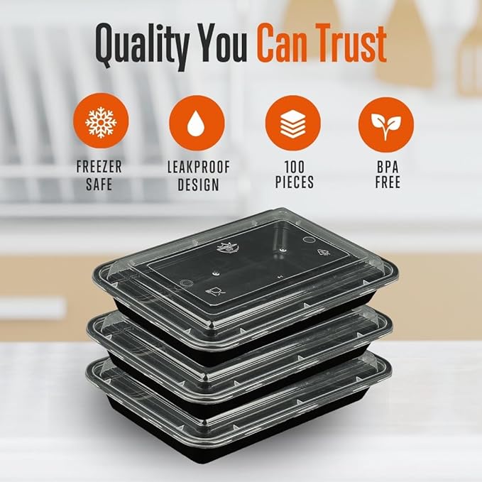 SQUATZ 100 Meal Prep Containers 33oz Reusable with Lid, Sturdy Leakproof & Food Safe, Microwave, Freezer, Dishwasher Safe Food Prep Containers To Go Take Out Plastic Storage BPA-Free Includes Utensils