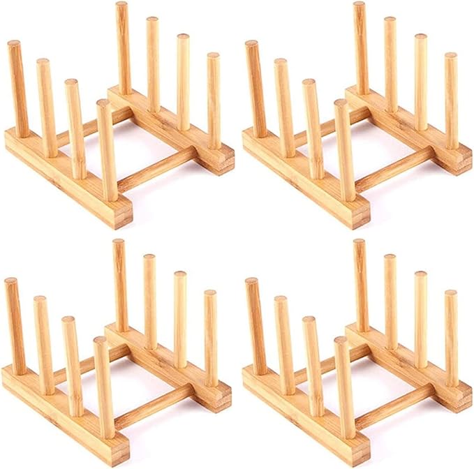 YWSHF 4 PCS Bamboo Wooden Dish Rack Dishes Drainboard Drying Drainer Storage Holder Stand Kitchen Cabinet Organizer for Dish,Plate,Bowl,Cup Pot,Lid,Book