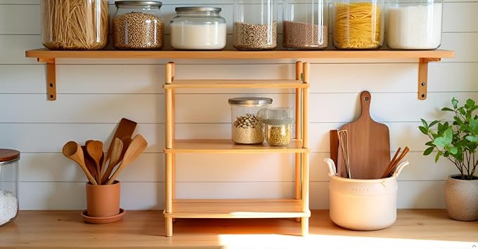 Expandable Bamboo Desktop Organizer Shelf Kitchen Cabinet and Counter Riser Display Shelf for Top of Desk Home Office Bathroom Coffee Table Display Stand- Useful Home & Housewarming Gift