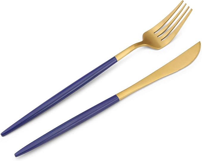 Matte Gold Silverware Set with blue handle, Bysta 20-Piece Stainless Steel Flatware Set, Kitchen Utensil Set Service for 4, Tableware Cutlery Set for Home and Restaurant, Satin Finish, Dishwasher Safe
