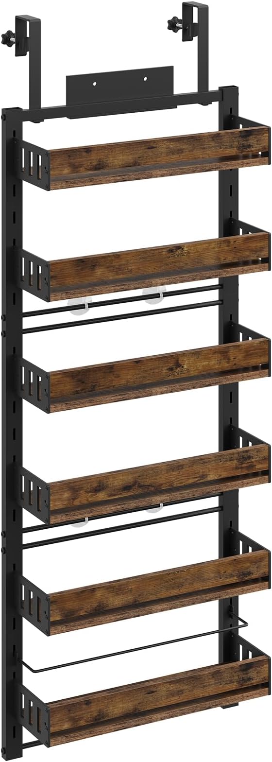 HOOBRO Over the Door Pantry Organizer, 6-Tier Hanging Spice Rack with Adjustable Shelves for Kitchen, Bathroom and Closet Storage, Door/Wall Storage Organizer, Rustic Brown and Black BF60TL01