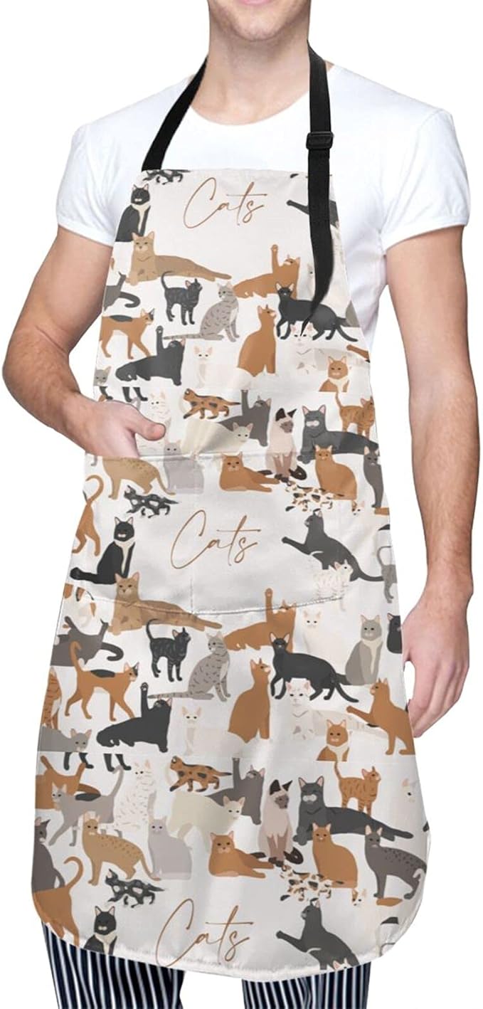Cat and Dogs Animals Adjustable Bib Neck Chef Aprons, Kitchen Bbq Waterproof Apron with 2 Pockets For Mom Dad