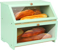 HOMEKOKO Double Layer Large Bread Box for Kitchen Counter, Wooden Large Capacity Bread Storage Bin (Mint Green)