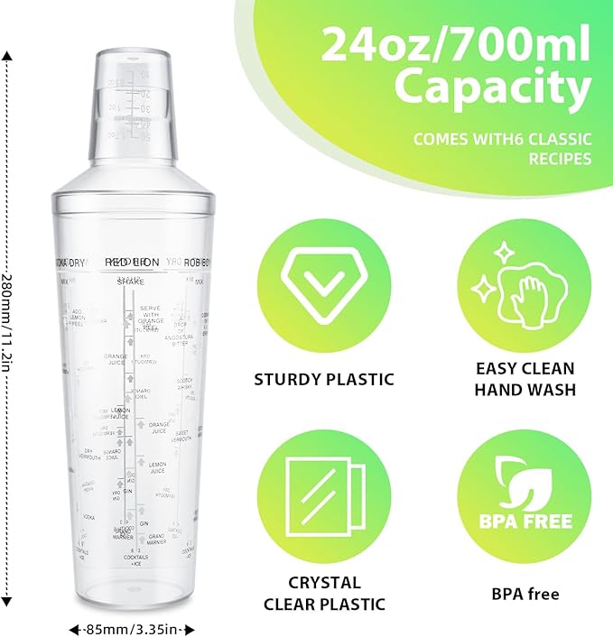 Plastic Boston Cocktail Shaker Set, 12 pack 24oz Shatterproof Bartender Kit with Built-in Strainer Lids, Travel Bar Tools for Beginners, Mixing Martinis, Margaritas (700ML-B, 12 pack)