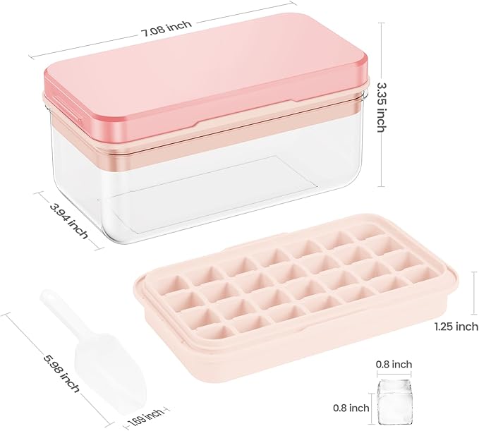 Ice Cube Tray with Lid and Bin, 28 pcs Ice Cubes Molds, Ice Trays for Freezer, Ice Cube Tray Mold, with 1 tray, Ice Freezer Container, Spill-Resistant Removable Lid & Ice Scoop, for Whiskey,Cocktail