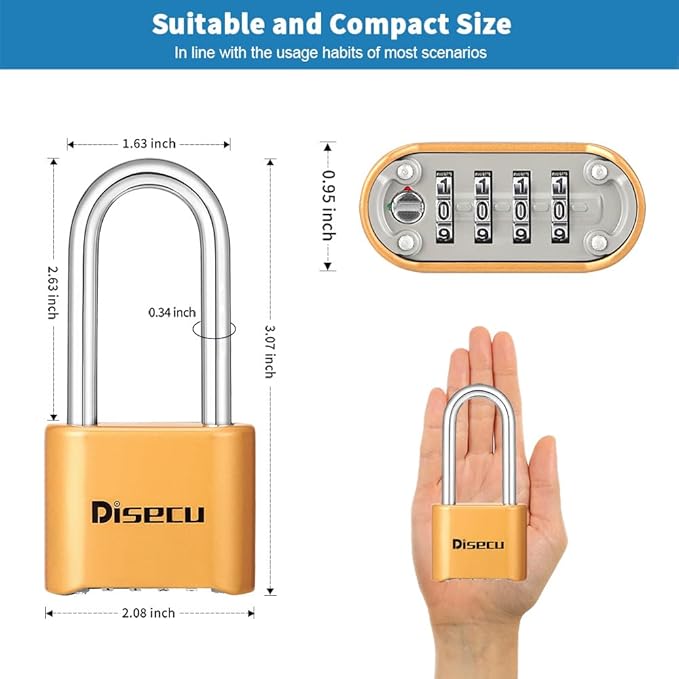 1 Pack disecu Heavy Duty 4 Digit Combination Lock, Anti-Error Feature, 2.5 Inch Long Shackle Outdoor Waterproof Padlock for School Gym Locker, Fence, Gate, Toolbox (Brass)