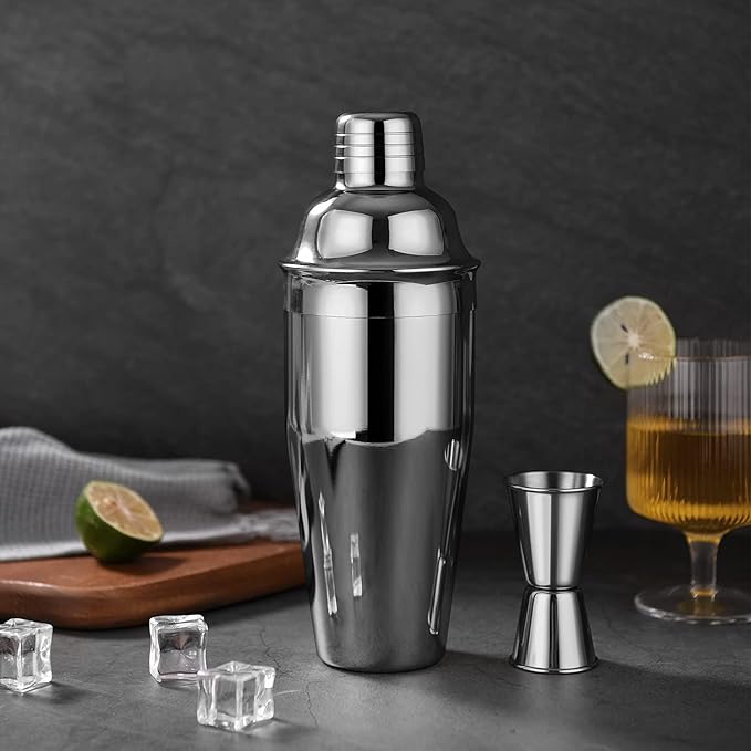 Cocktail Shaker with Double Measuring Jigger,18/8 Stainless Steel 24oz Martini Shaker Set,Drink Shaker Built-in Strainer,Bartender Kit. (Black)