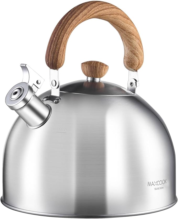 18/8 Stainless Steel Tea Kettle for Stovetop (4L / 4.23 Quart Whistling Tea Pot, Wood Handle)-Silver