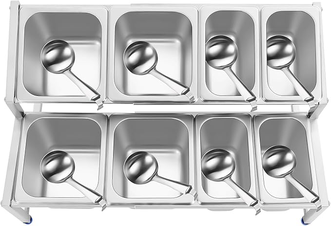 2 Tier Expandable Spice Rack, 8 Pans Commercial Seasoning Organizer Shelf with Spoons & Lids, Adjustable Stainless Steel Countertop Inclined Holder for Kitchen, Restaurant