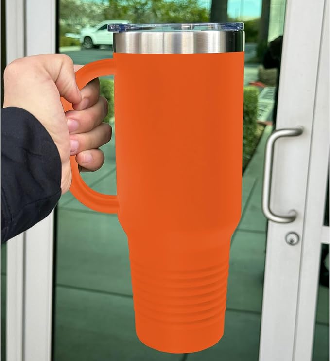 LaserGram 40oz Vacuum Insulated Travel Mug with Handle, Tiki Statue, Personalized Engraving Included (Orange)