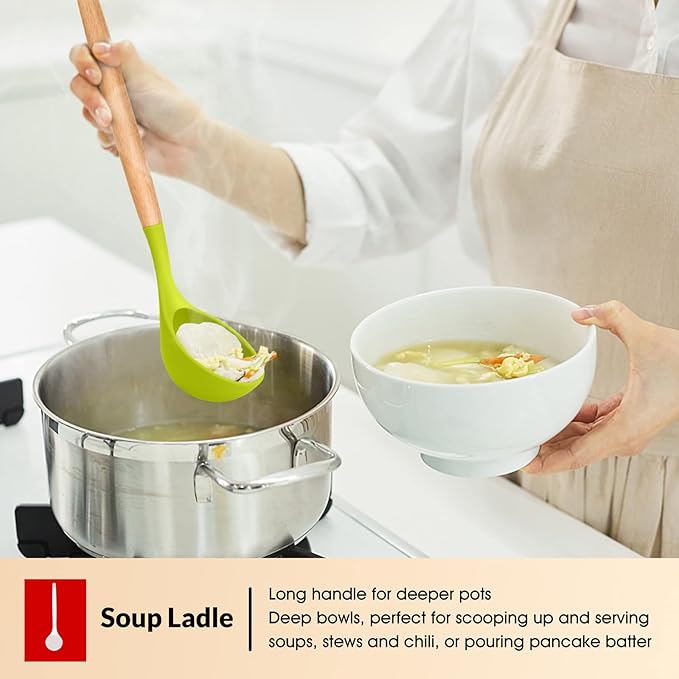 Cooking Utensils Set of 6, E-far Silicone Kitchen Utensils with Wooden Handle, Non-stick Cookware Friendly, Includes Spatula/Ladle/Slotted Turner/Serving Spoon/Spaghetti Server(Multi-colored)