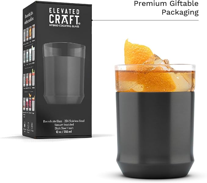 Elevated Craft Hybrid Cocktail Glass Premium Vacuum Insulated Steel Base with Removable Insert - 12oz Rocks Glass, Double Old Fashioned Lowball for Bourbon, Whiskey - Gunmetal Black