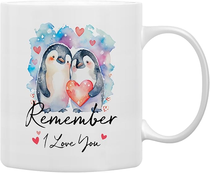QASHWEY Remember I Love You Coffee Mug, Wedding Gifts Engagement Gifts for Couples Boyfriend Gift Girlfriend Gift Coffee Cups Ceramic 11oz, Cute Penguin Love Tea Cup