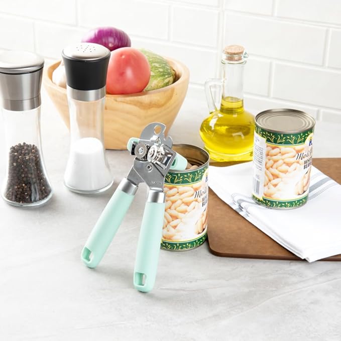 Restaurantware Comfy Grip 7.6 x 1.9 x 2.1 Inch Can Opener 1 Durable Manual Can Opener - Sharp Wheel Blade Grip Handle Mint Green Stainless Steel Hand-Held Can Opener Built-In Bottle Opener