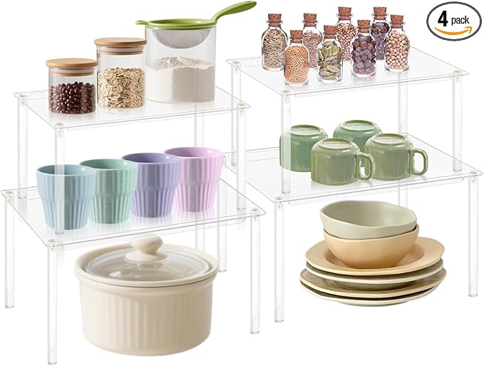 Acrylic Cabinet Organizer, 4Pack Spice Rack Organizer for Cabinet, Desk Countertop Shelf Organizer for Dishes, Spices, Soda Cans and Bottles, Stackable Shelves House Essentials for Gift