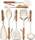 White Silicone Cooking Utensils Set, Kitchen Utensils Set 7 Pcs for cooking, Non-Toxic Spatula Set with Heat Resistant Wood Handles for Nonstick Cookware, (Cream White)