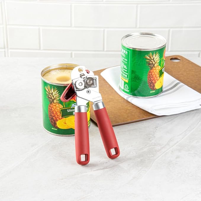 Restaurantware Comfy Grip 7.6 x 1.9 x 2.1 Inch Can Opener 1 Durable Manual Can Opener - Sharp Wheel Blade Grip Handle Red Stainless Steel Hand-Held Can Opener Built-In Bottle Opener
