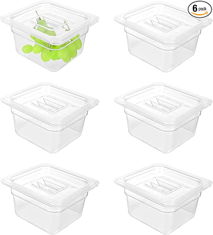 6 Pack 1/6 Size Food Pan with Lids,Stackable Freezer-Safe Meal Prep Containers for homes schools restaurants hotels -40°F to 212°F (1/6 size 4 inch deep, 1.53L/1.62QT)