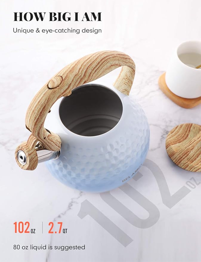 BELANKO 2.7 Quart Tea Kettle for Stovetop - Food Grade Stainless Steel with Diamond Texture, Designer Teapot Look, Cool-Touch Wood Pattern Handle, Whistling Spout - Gradient Blue