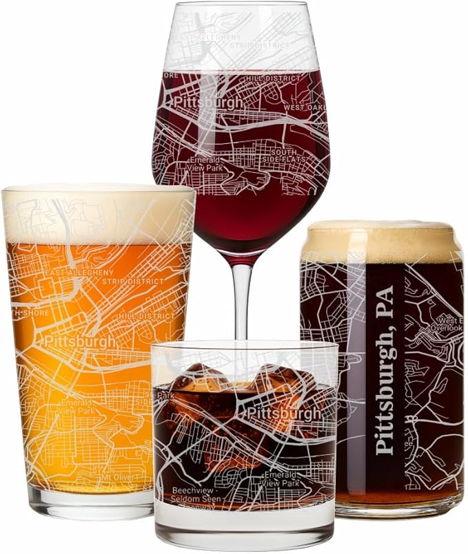 Blue Ridge Mountain Gifts - Pittsburgh Souvenir - Pennsylvania Glassware Gift, Etched City Map, Laser Engraved and Dishwasher Safe
