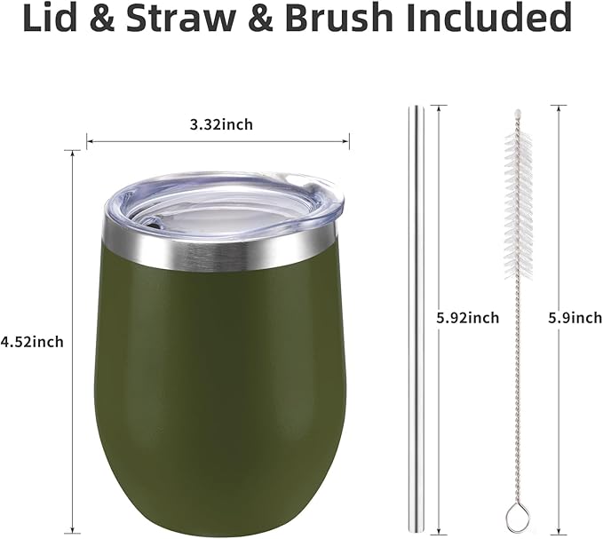 12 oz Insulated Wine Tumbler with Lid and Straw,Stainless Steel Stemless Wine Tumbler Glasses Double Wall Vacuum Wine Cups Tumbler for Coffee,Cocktail,Office（Navy Green,1）