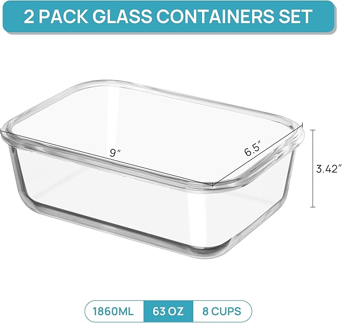 Vtopmart 2Pack 1860ml/63oz Large Glass Storage Containers with Lids, Meal Prep Food Container Set with Snap Airtight Lid for Baking, Microwave, Oven, Leak Proof, for Freezer, Dishwasher, Green