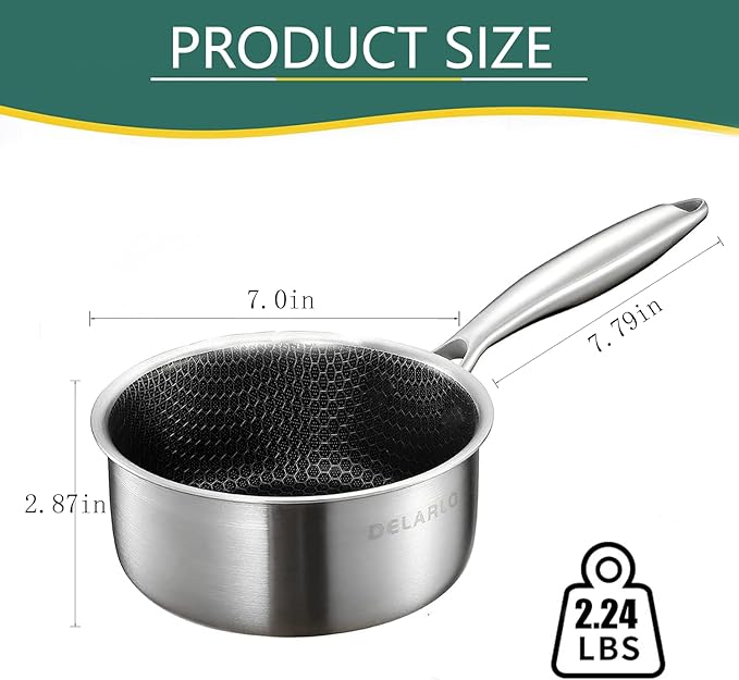 DELARLO Tri-Ply Hybrid Stainless Steel Saucepan, Hybird 1.5QT Non Stick Pots, All Stove Safe Up to 600℉, Sauce Pot 1.5 Quart Non Stick Sauce Pan, Saucier, Honeycomb, Small Saucepan, Lids 300℉
