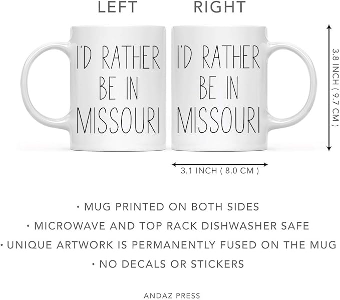 Andaz Press U.S. State 11oz. Coffee Mug Gift, I'd Rather Be in Missouri, 1-Pack, Long Distance College Going Away Study Abroad Birthday Christmas Gifts